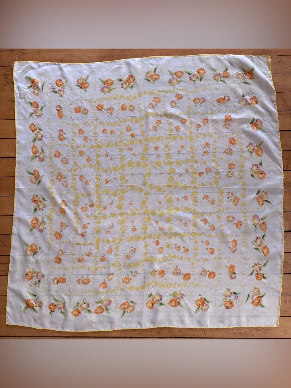 vintage scarf hand rolled rayon white yellow orange floral Japan Vtg 1960s